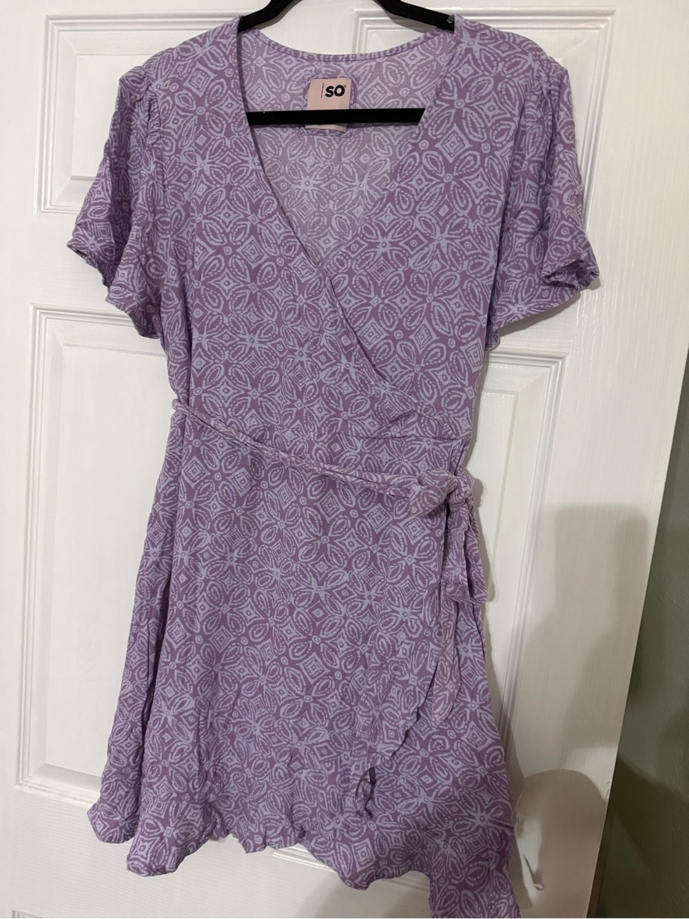 SO Lavender Wrap Mini Dress with Geometric Motif